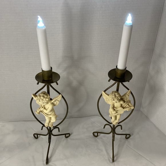 Candle Holders Metal Vintage Resin Cherub Angels Musical Instrument Set of 2 - Picture 5 of 10